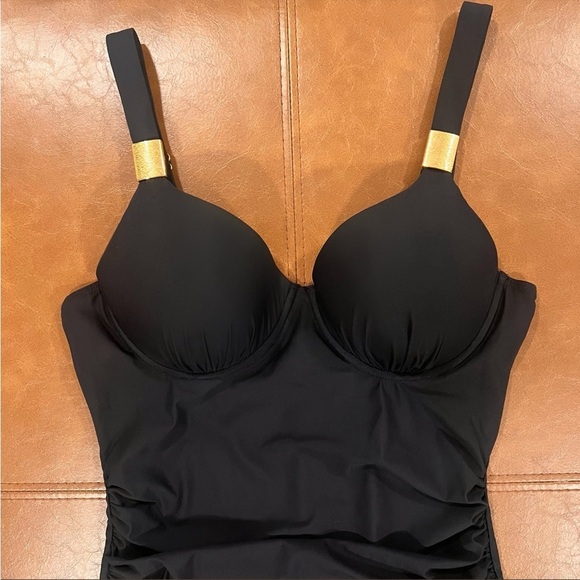 SPANX Black Let's Go Slimming Riveting Ruched One Piece Swimsuit Size 10 B/C - Picture 4 of 12